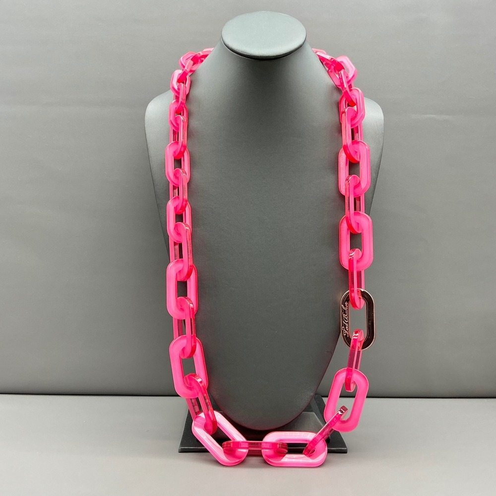 Ted Baker Necklace Hot Pink Acrylic Chunky Chain Rose Gold Statement Signed 26"